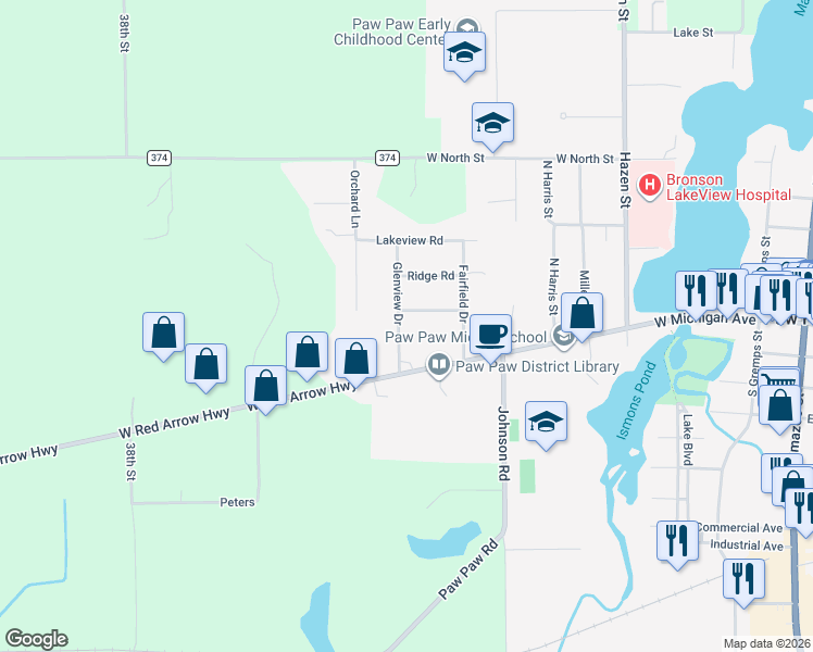 map of restaurants, bars, coffee shops, grocery stores, and more near 130 Glenview Drive in Paw Paw
