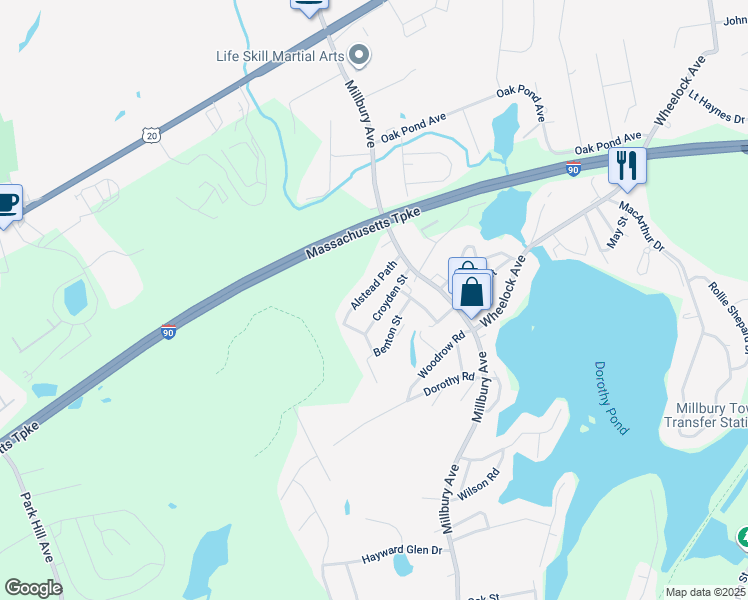 map of restaurants, bars, coffee shops, grocery stores, and more near 18 Croyden Street in Millbury