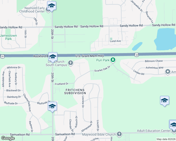 map of restaurants, bars, coffee shops, grocery stores, and more near 4423 Scarlet Oak Drive in Rockford