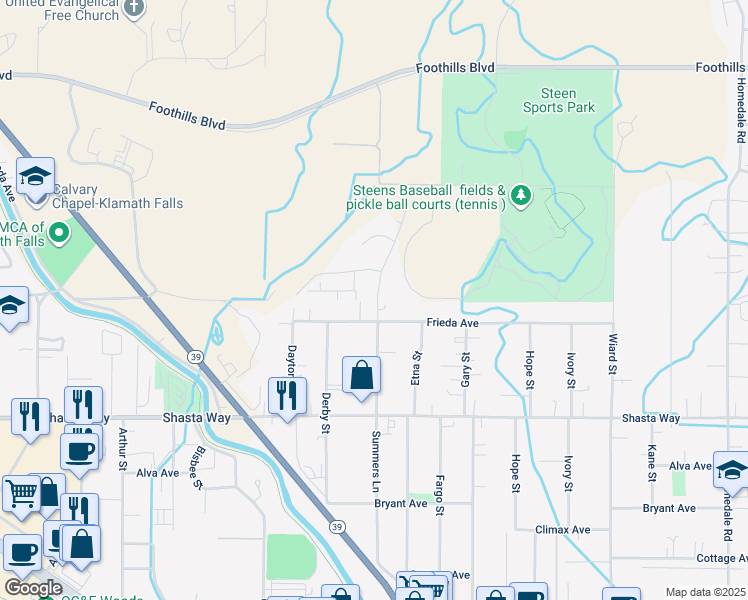 map of restaurants, bars, coffee shops, grocery stores, and more near 4047 Frieda Avenue in Klamath Falls