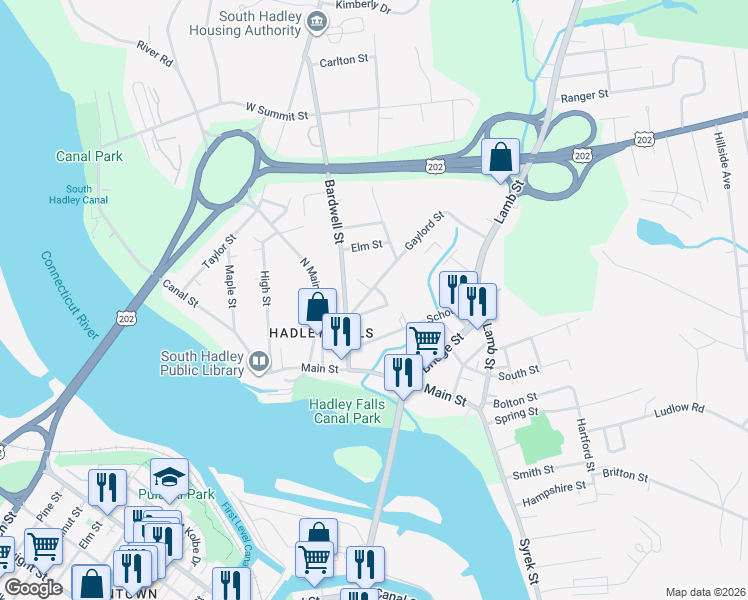 map of restaurants, bars, coffee shops, grocery stores, and more near 1 Gaylord Street in South Hadley