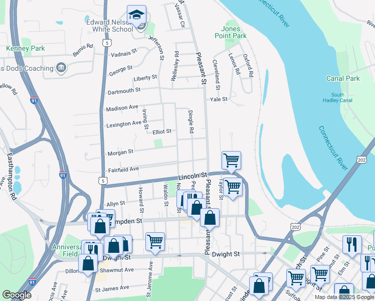map of restaurants, bars, coffee shops, grocery stores, and more near 80-82 Nonotuck Street in Holyoke