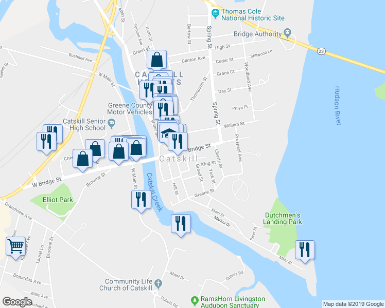 map of restaurants, bars, coffee shops, grocery stores, and more near 176 Broad Street in Catskill