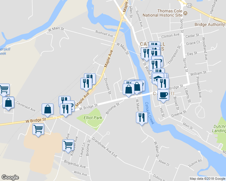 map of restaurants, bars, coffee shops, grocery stores, and more near 27 Dumond Street in Catskill