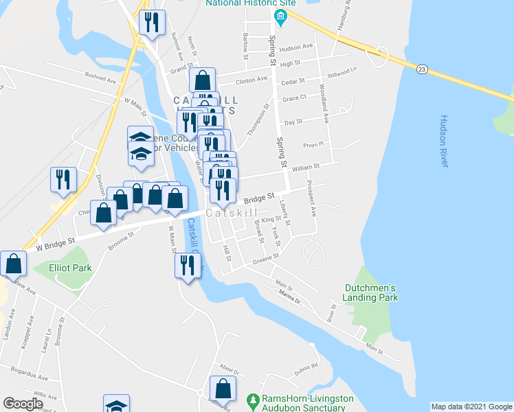 map of restaurants, bars, coffee shops, grocery stores, and more near 176 Broad Street in Catskill