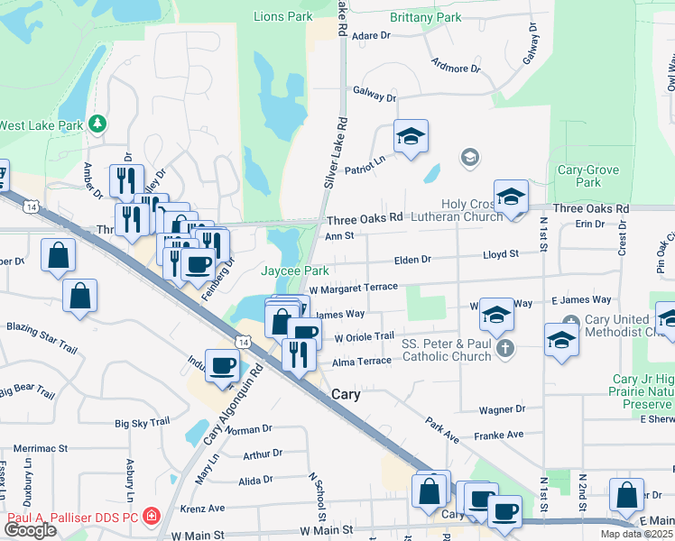 map of restaurants, bars, coffee shops, grocery stores, and more near 451 Lloyd Street in Cary