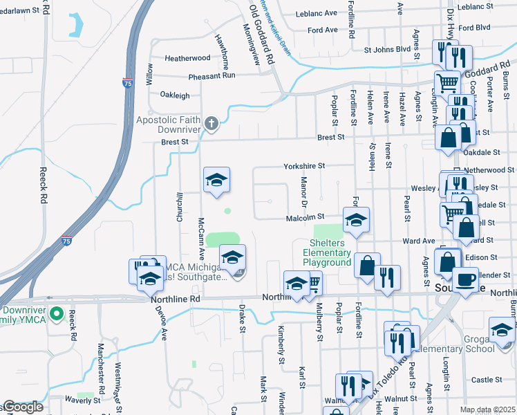 map of restaurants, bars, coffee shops, grocery stores, and more near 15041 Oxford Court in Southgate