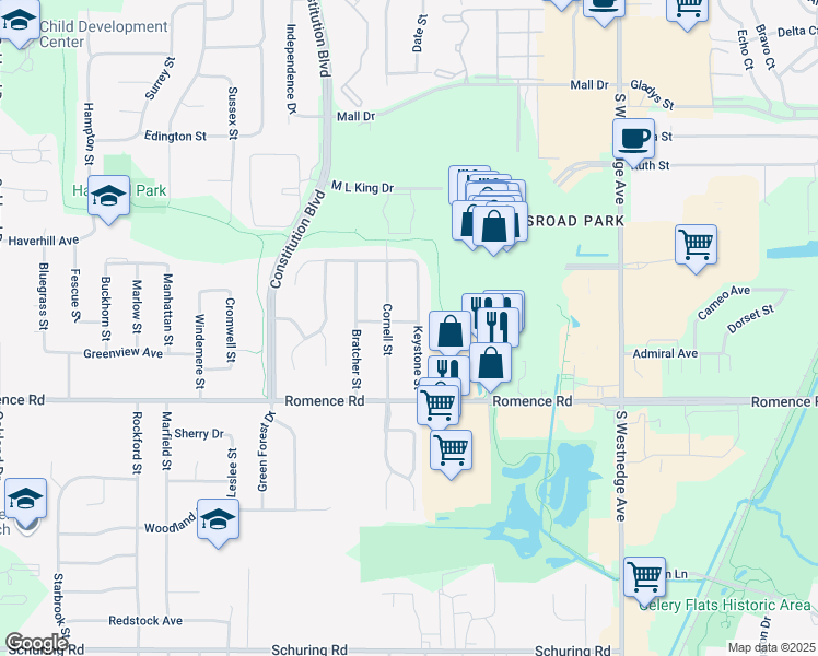 map of restaurants, bars, coffee shops, grocery stores, and more near 6834 Keystone Street in Portage