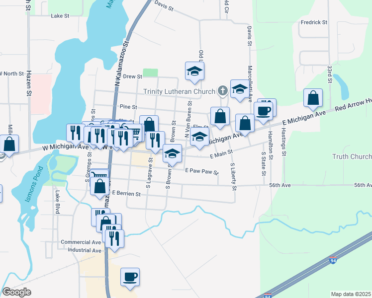 map of restaurants, bars, coffee shops, grocery stores, and more near 600 East Michigan Avenue in Paw Paw