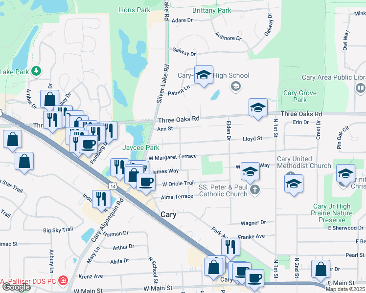 map of restaurants, bars, coffee shops, grocery stores, and more near 815 Sandra Lane in Cary