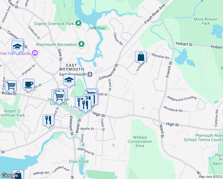 map of restaurants, bars, coffee shops, grocery stores, and more near 66 Hill Street in Weymouth