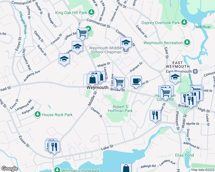 map of restaurants, bars, coffee shops, grocery stores, and more near 590 Broad Street in Weymouth
