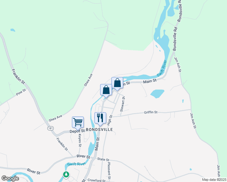 map of restaurants, bars, coffee shops, grocery stores, and more near 141 Main Street in Bondsville