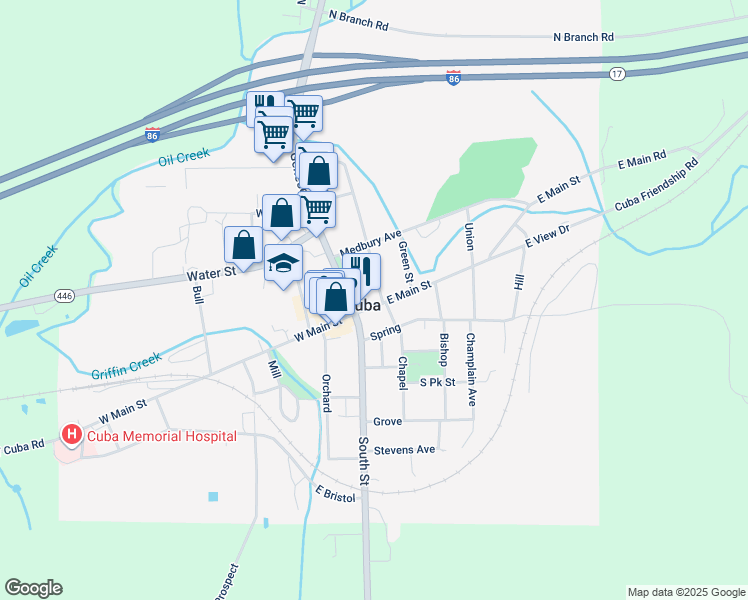 map of restaurants, bars, coffee shops, grocery stores, and more near 34 East Main Street in Cuba