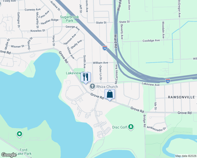 map of restaurants, bars, coffee shops, grocery stores, and more near 2309 Lakeview Avenue in Ypsilanti