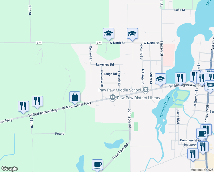 map of restaurants, bars, coffee shops, grocery stores, and more near 130 Glenview Drive in Paw Paw
