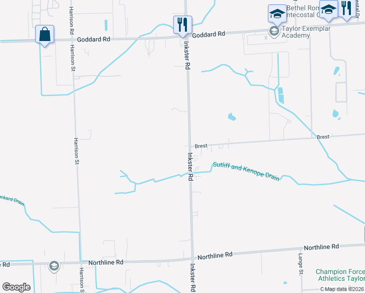 map of restaurants, bars, coffee shops, grocery stores, and more near 12000 Inkster Road in Romulus