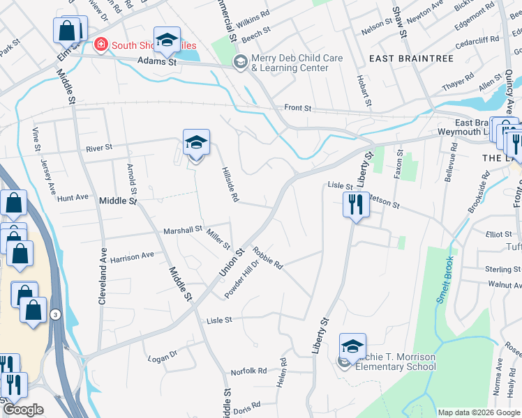 map of restaurants, bars, coffee shops, grocery stores, and more near 20 Hillside Road in Braintree