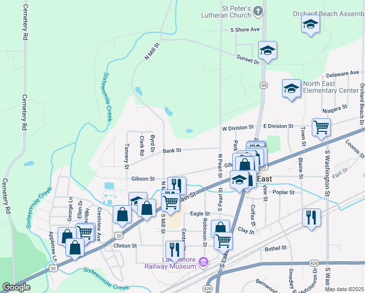 map of restaurants, bars, coffee shops, grocery stores, and more near 44 Bank St in North East