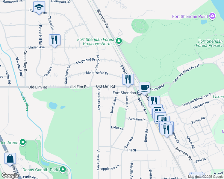 map of restaurants, bars, coffee shops, grocery stores, and more near 590 Old Elm Road in Highland Park
