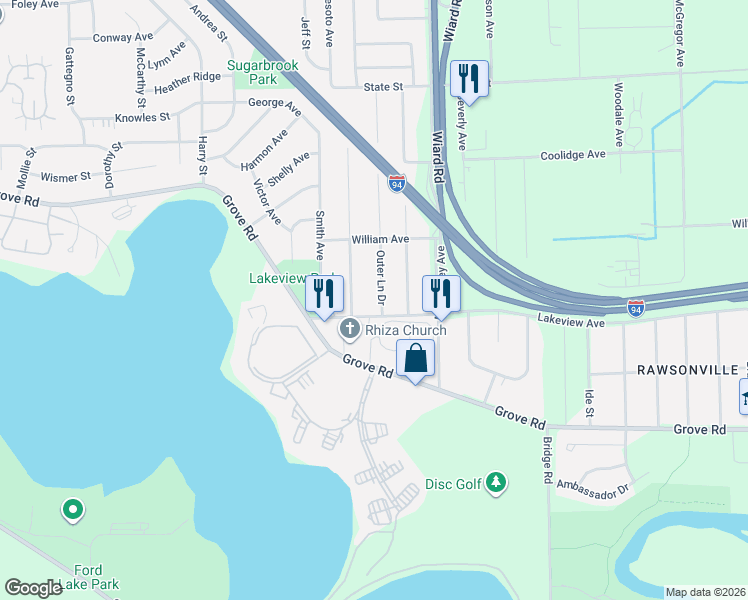 map of restaurants, bars, coffee shops, grocery stores, and more near 2309 Lakeview Avenue in Ypsilanti