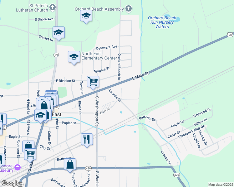map of restaurants, bars, coffee shops, grocery stores, and more near 1-7 Loomis St in North East