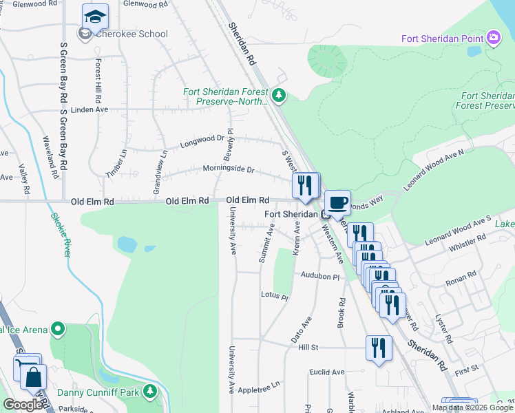 map of restaurants, bars, coffee shops, grocery stores, and more near 602 Old Elm Road in Highland Park
