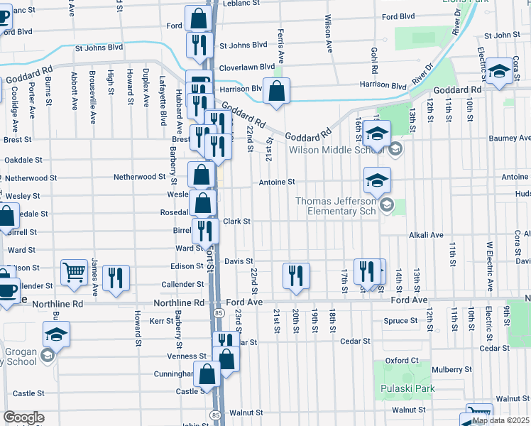 map of restaurants, bars, coffee shops, grocery stores, and more near 1514 21st Street in Wyandotte
