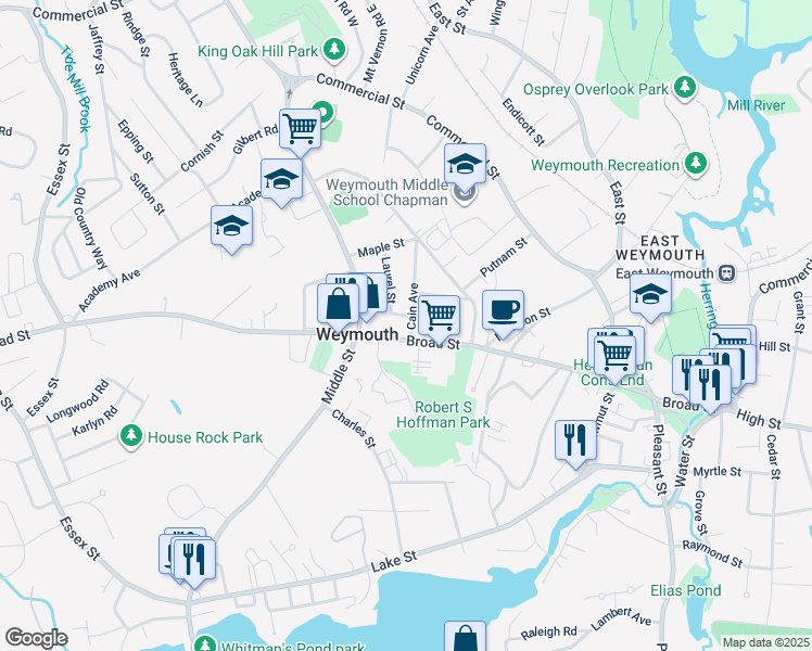 map of restaurants, bars, coffee shops, grocery stores, and more near 590 Broad Street in Weymouth