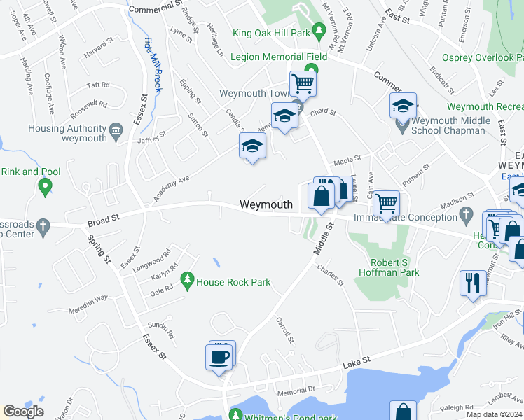 map of restaurants, bars, coffee shops, grocery stores, and more near in Weymouth