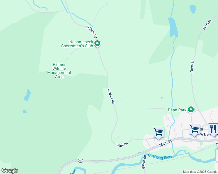 map of restaurants, bars, coffee shops, grocery stores, and more near 14 Ware Street in Palmer