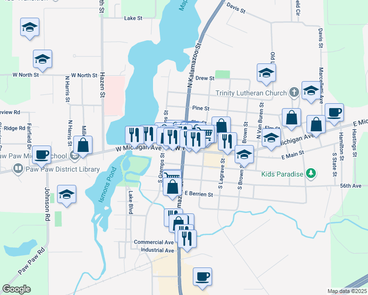map of restaurants, bars, coffee shops, grocery stores, and more near in Paw Paw