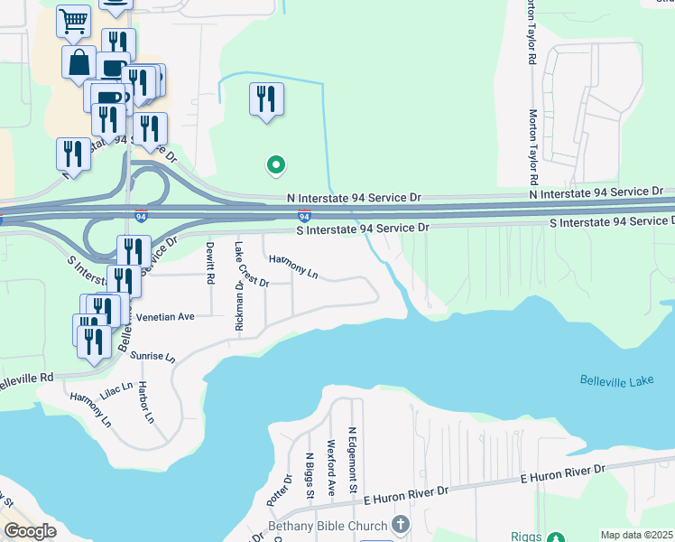 map of restaurants, bars, coffee shops, grocery stores, and more near 44131 Harmony Lane in Belleville
