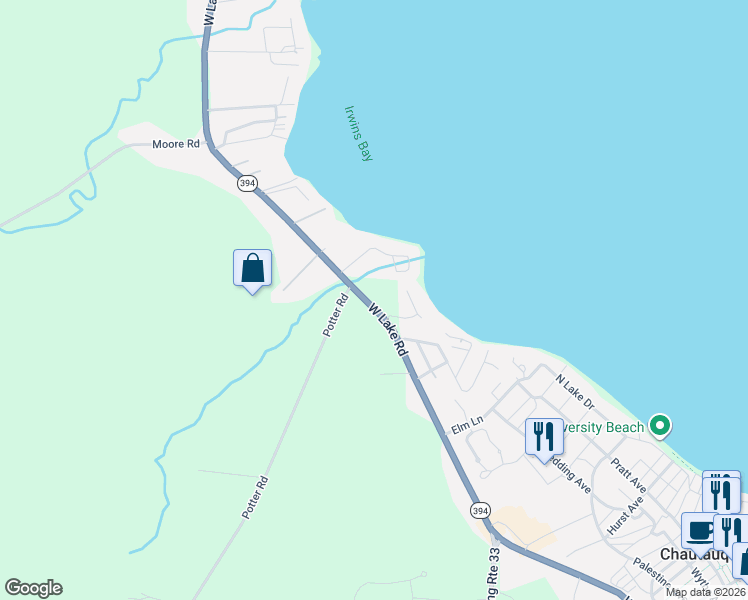map of restaurants, bars, coffee shops, grocery stores, and more near 4994 West Lake Road in Mayville