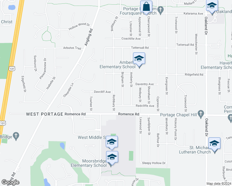 map of restaurants, bars, coffee shops, grocery stores, and more near 6825 Rothbury Street in Portage