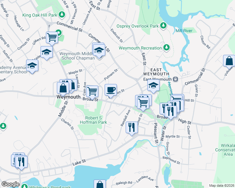 map of restaurants, bars, coffee shops, grocery stores, and more near 18 Filomena Street in Weymouth