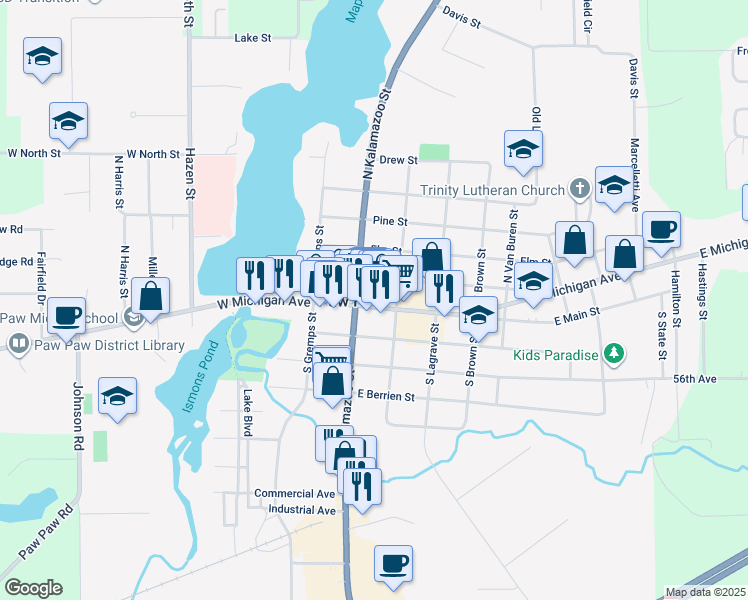 map of restaurants, bars, coffee shops, grocery stores, and more near 226 East Michigan Avenue in Paw Paw