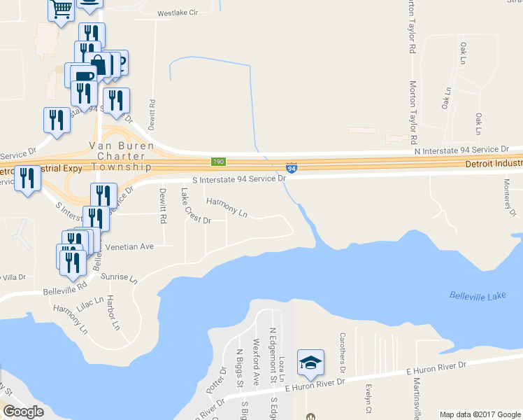 map of restaurants, bars, coffee shops, grocery stores, and more near 44131 Harmony Lane in Belleville