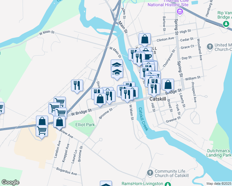 map of restaurants, bars, coffee shops, grocery stores, and more near 341 West Main Street in Catskill