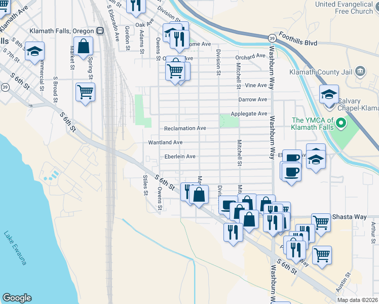 map of restaurants, bars, coffee shops, grocery stores, and more near 2144 Eberlein Avenue in Klamath Falls