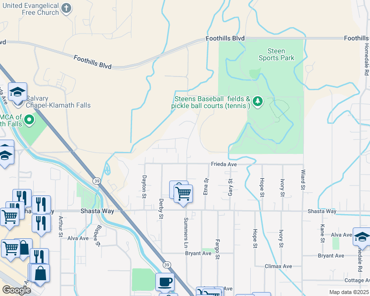 map of restaurants, bars, coffee shops, grocery stores, and more near 4047 Frieda Avenue in Klamath Falls