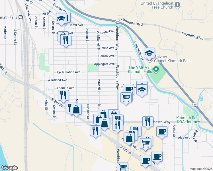 map of restaurants, bars, coffee shops, grocery stores, and more near 2420 Eberlein Avenue in Klamath Falls