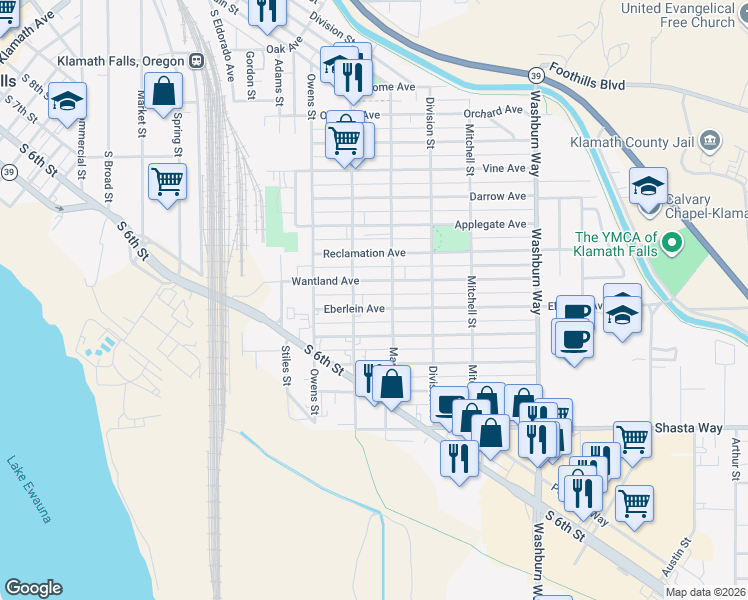 map of restaurants, bars, coffee shops, grocery stores, and more near 2144 Eberlein Avenue in Klamath Falls