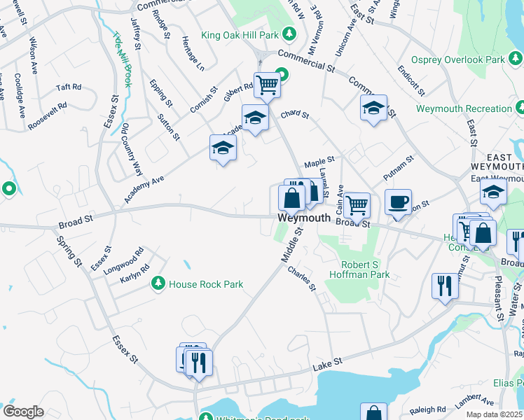 map of restaurants, bars, coffee shops, grocery stores, and more near 519 Broad Street in Weymouth