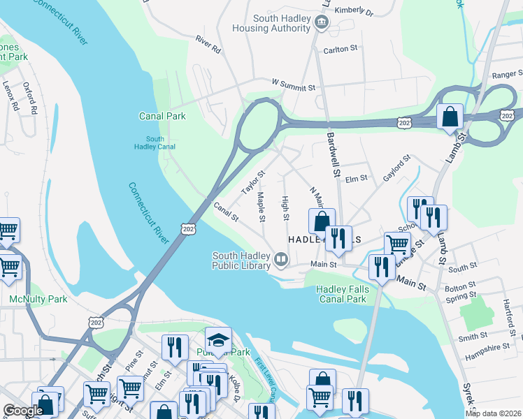 map of restaurants, bars, coffee shops, grocery stores, and more near 12 Maple Street in South Hadley