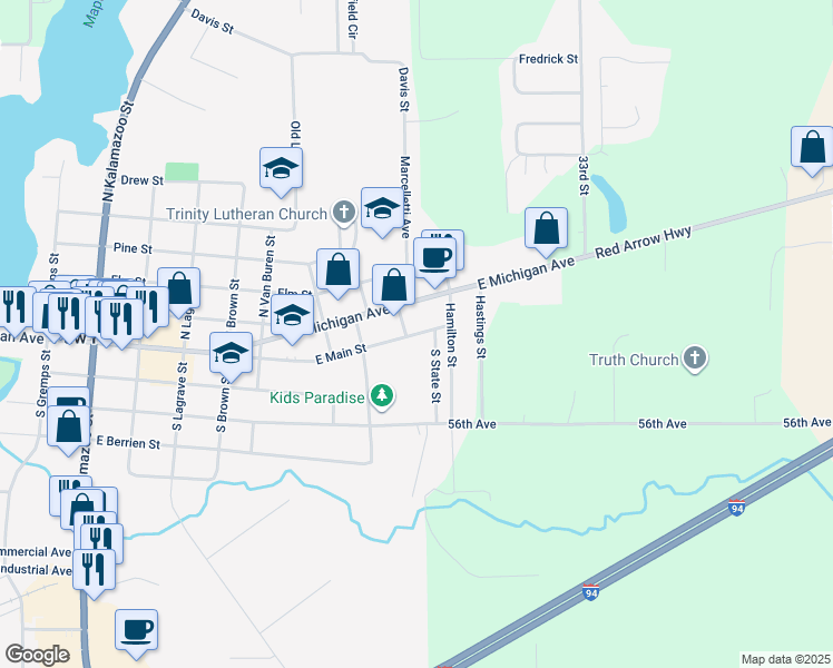 map of restaurants, bars, coffee shops, grocery stores, and more near 106 South State Street in Paw Paw