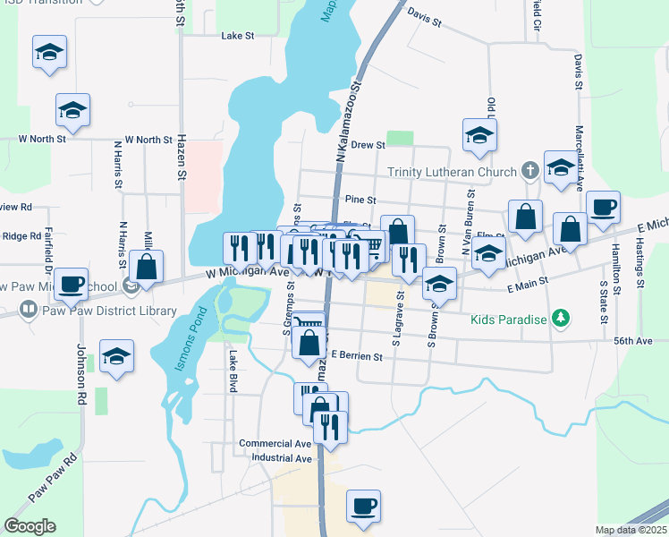 map of restaurants, bars, coffee shops, grocery stores, and more near 226 East Michigan Avenue in Paw Paw
