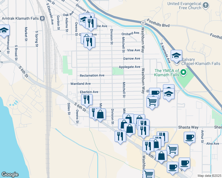 map of restaurants, bars, coffee shops, grocery stores, and more near 1226 Division Street in Klamath Falls