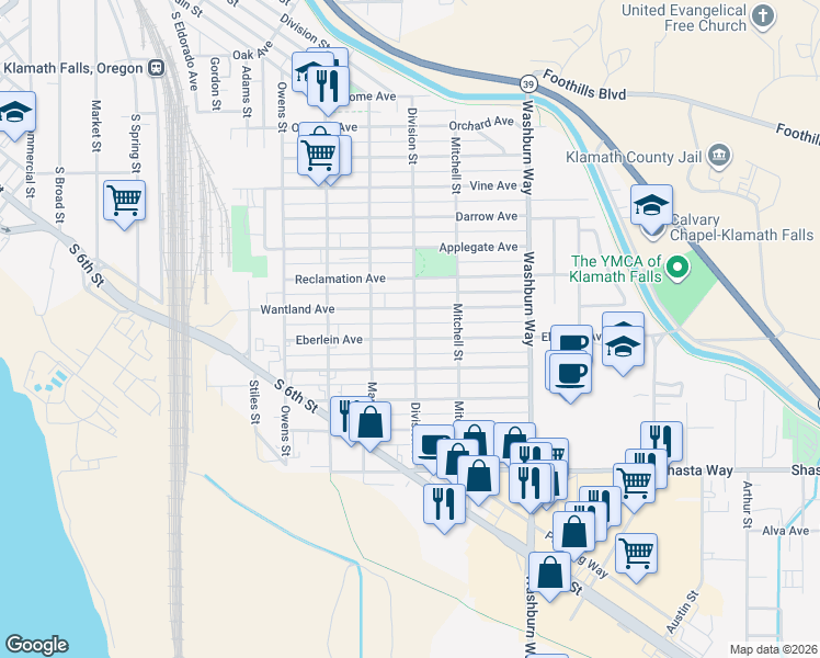 map of restaurants, bars, coffee shops, grocery stores, and more near 1226 Division Street in Klamath Falls