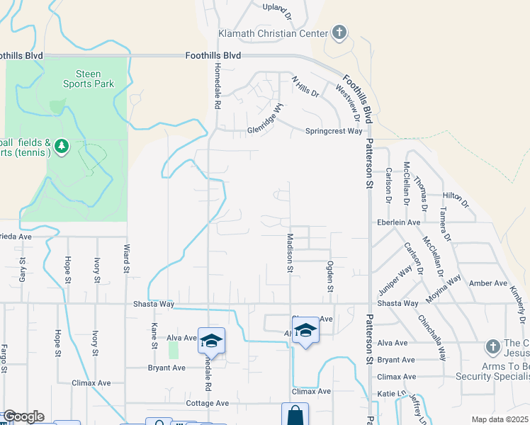 map of restaurants, bars, coffee shops, grocery stores, and more near 1250 1/5 Madison Street in Klamath Falls